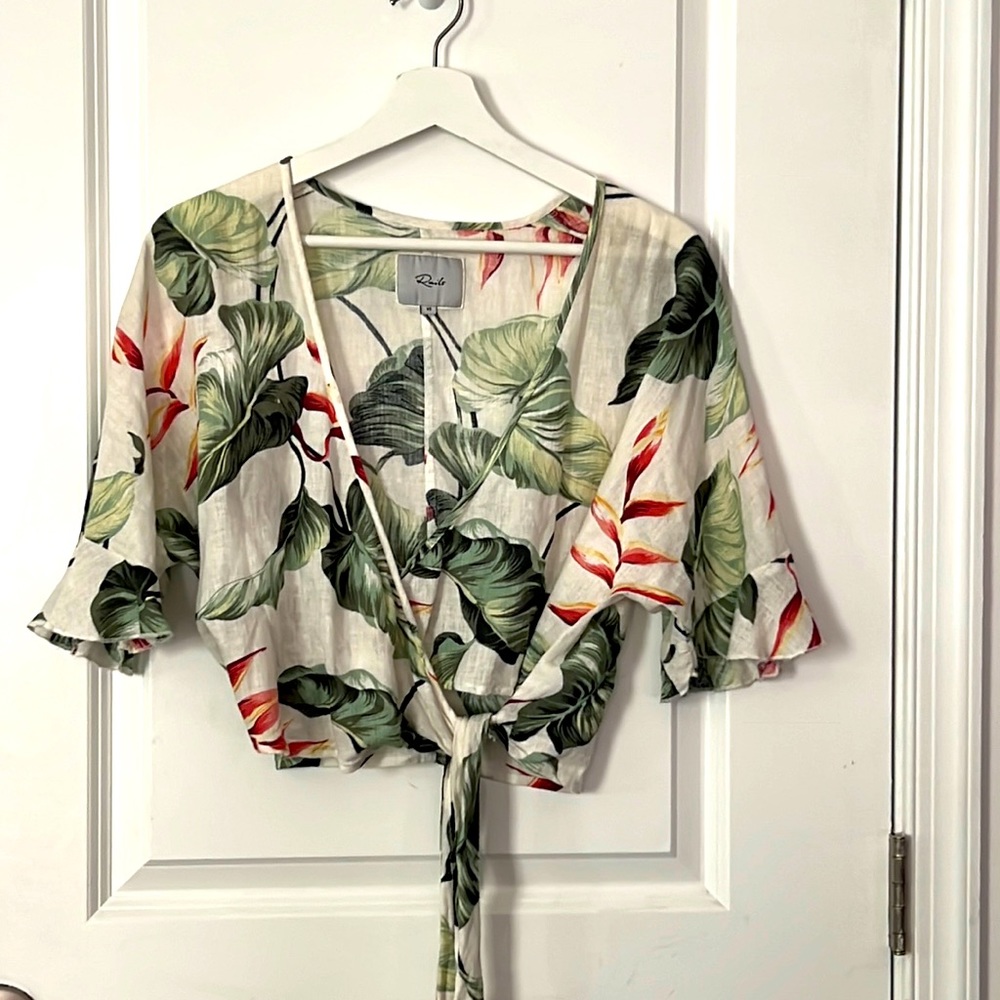 Rails Palm Print Linen Cropped Wrap Top - image 2